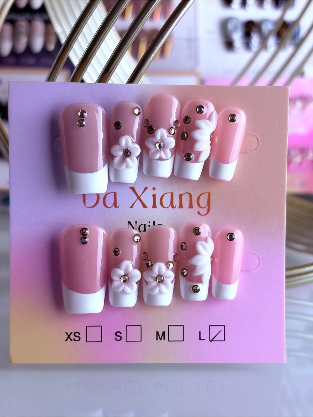 Pink French Tip Press-On Nails with White Flowers & Rhinestones Large